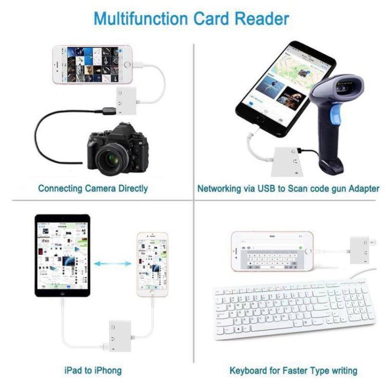 3 in 1 Multi-function 8 Pin + 3.5mm + USB 3.0 OTG to 8 Pin Male Fast Charging & Music Audio & Card Reading Adapter (White)