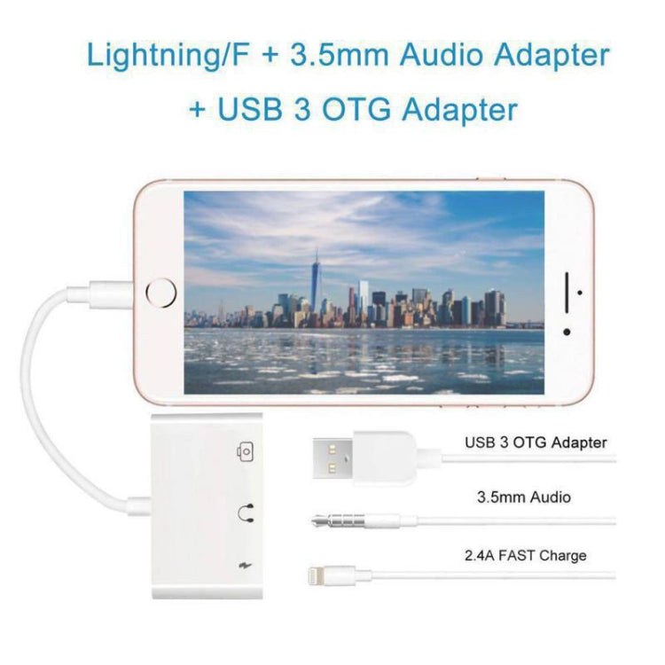 3 in 1 Multi-function 8 Pin + 3.5mm + USB 3.0 OTG to 8 Pin Male Fast Charging & Music Audio & Card Reading Adapter (White)