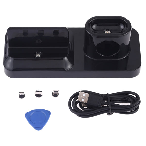 Wireless Rechargeable Base Charging Station Holder for Mobile Phone & Headset, with Micro USB + USB-C / Type-C + 8 Pin Interface (Black)