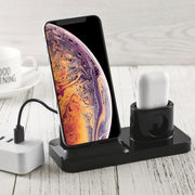 Wireless Rechargeable Base Charging Station Holder for Mobile Phone & Headset, with Micro USB + USB-C / Type-C + 8 Pin Interface (Black)