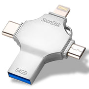 4 in 1 64GB USB 3.0 + 8 Pin + Mirco USB + USB-C / Type-C Dual-use Flash Drive with OTG Function