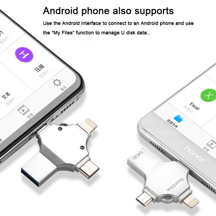 4 in 1 64GB USB 3.0 + 8 Pin + Mirco USB + USB-C / Type-C Dual-use Flash Drive with OTG Function
