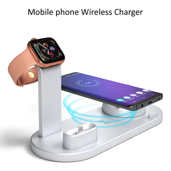 HQ-UD15 5 in 1 8 Pin + Micro USB + USB-C / Type-C Interfaces + 8 Pin Earphone Charging Interface + Wireless Charging Charger Base with Watch Stand(Silver)