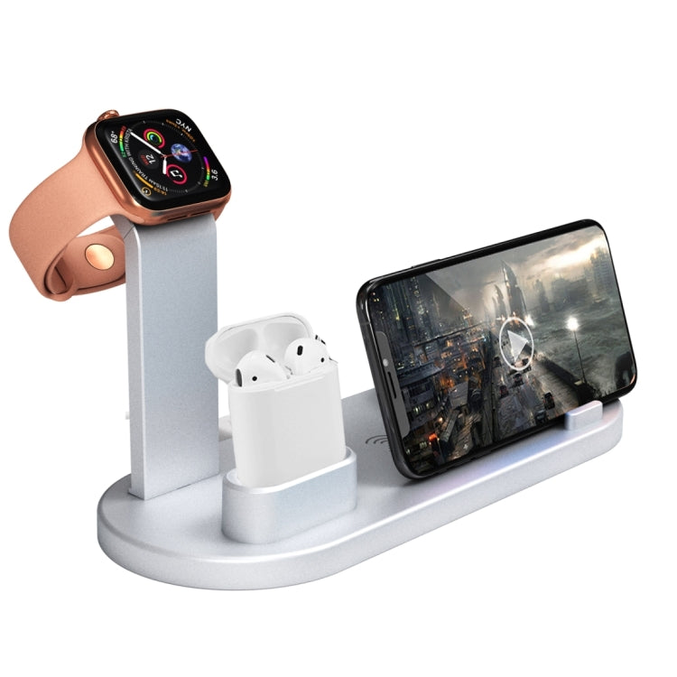 HQ-UD15 5 in 1 8 Pin + Micro USB + USB-C / Type-C Interfaces + 8 Pin Earphone Charging Interface + Wireless Charging Charger Base with Watch Stand(Silver)