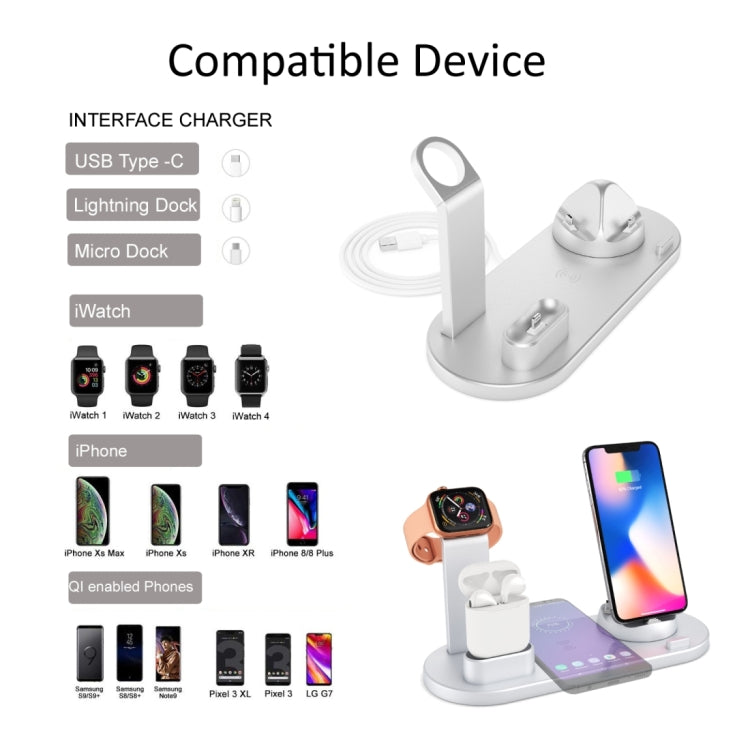 HQ-UD15 5 in 1 8 Pin + Micro USB + USB-C / Type-C Interfaces + 8 Pin Earphone Charging Interface + Wireless Charging Charger Base with Watch Stand(Silver)