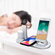 HQ-UD15 5 in 1 8 Pin + Micro USB + USB-C / Type-C Interfaces + 8 Pin Earphone Charging Interface + Wireless Charging Charger Base with Watch Stand(Silver)