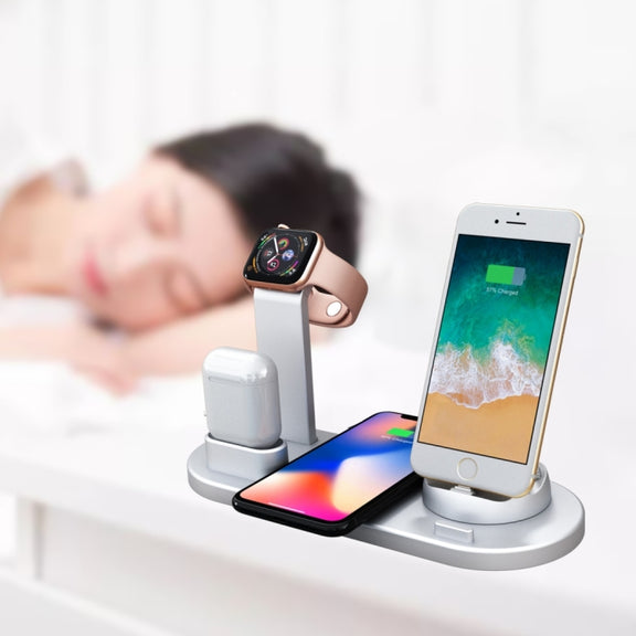 HQ-UD15 5 in 1 8 Pin + Micro USB + USB-C / Type-C Interfaces + 8 Pin Earphone Charging Interface + Wireless Charging Charger Base with Watch Stand(Silver)