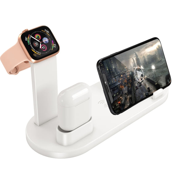HQ-UD15 5 in 1 8 Pin + Micro USB + USB-C / Type-C Interfaces + 8 Pin Earphone Charging Interface + Wireless Charging Charger Base with Watch Stand (White)