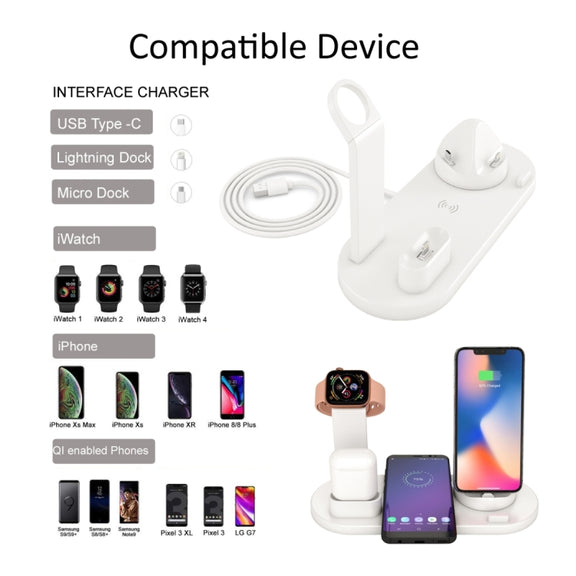 HQ-UD15 5 in 1 8 Pin + Micro USB + USB-C / Type-C Interfaces + 8 Pin Earphone Charging Interface + Wireless Charging Charger Base with Watch Stand (White)