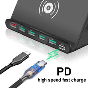 828W 7 in 1 60W QC 3.0 USB Interface + 4 USB Ports + USB-C / Type-C Interface + Wireless Charging Multi-function Charger with Mobile Phone Holder Function, AU Plug(Black)