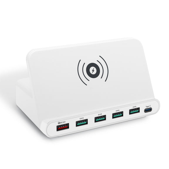 828W 7 in 1 60W QC 3.0 USB Interface + 4 USB Ports + USB-C / Type-C Interface + Wireless Charging Multi-function Charger with Mobile Phone Holder Function, AU Plug(White)