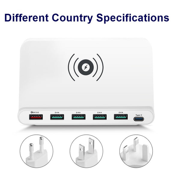 828W 7 in 1 60W QC 3.0 USB Interface + 4 USB Ports + USB-C / Type-C Interface + Wireless Charging Multi-function Charger with Mobile Phone Holder Function, AU Plug(White)