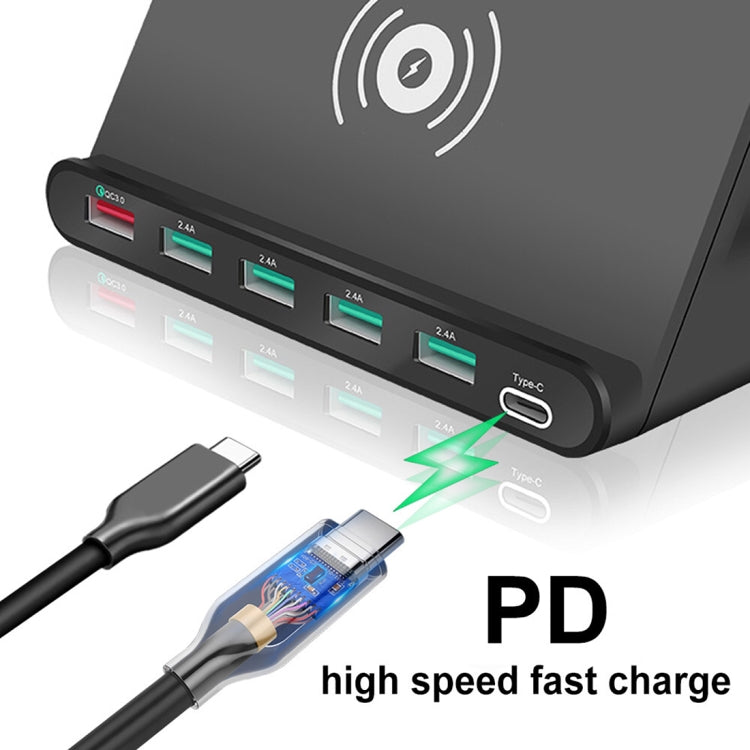 828W 7 in 1 60W QC 3.0 USB Interface + 4 USB Ports + USB-C / Type-C Interface + Wireless Charging Multi-function Charger with Mobile Phone Holder Function, AU Plug(White)