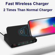 828W 7 in 1 60W QC 3.0 USB Interface + 4 USB Ports + USB-C / Type-C Interface + Wireless Charging Multi-function Charger with Mobile Phone Holder Function, AU Plug(White)