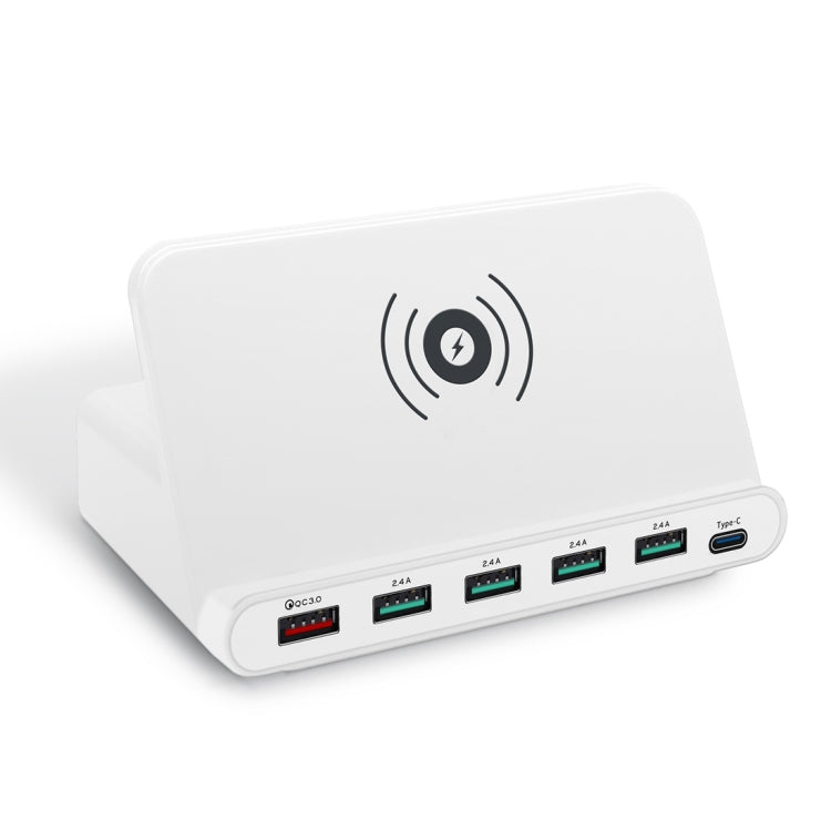 828W 7 in 1 60W QC 3.0 USB Interface + 4 USB Ports + USB-C / Type-C Interface + Wireless Charging Multi-function Charger with Mobile Phone Holder Function, UK Plug(White)