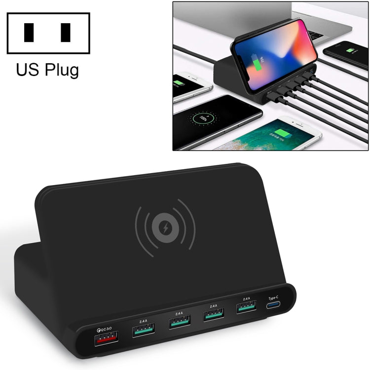 828W 7 in 1 60W QC 3.0 USB Interface + 4 USB Ports + USB-C / Type-C Interface + Wireless Charging Multi-function Charger with Mobile Phone Holder Function, US Plug(Black)
