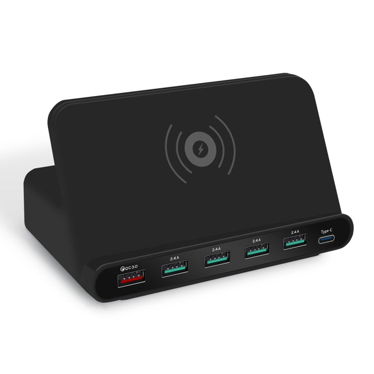 828W 7 in 1 60W QC 3.0 USB Interface + 4 USB Ports + USB-C / Type-C Interface + Wireless Charging Multi-function Charger with Mobile Phone Holder Function, US Plug(Black)