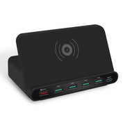 828W 7 in 1 60W QC 3.0 USB Interface + 4 USB Ports + USB-C / Type-C Interface + Wireless Charging Multi-function Charger with Mobile Phone Holder Function, US Plug(Black)