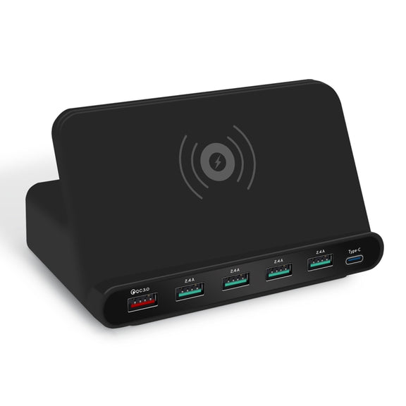 828W 7 in 1 60W QC 3.0 USB Interface + 4 USB Ports + USB-C / Type-C Interface + Wireless Charging Multi-function Charger with Mobile Phone Holder Function, US Plug(Black)