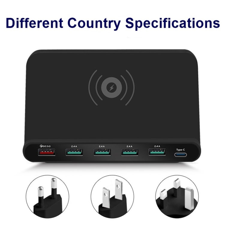 828W 7 in 1 60W QC 3.0 USB Interface + 4 USB Ports + USB-C / Type-C Interface + Wireless Charging Multi-function Charger with Mobile Phone Holder Function, US Plug(Black)