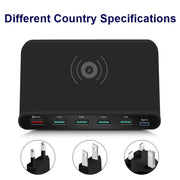 828W 7 in 1 60W QC 3.0 USB Interface + 4 USB Ports + USB-C / Type-C Interface + Wireless Charging Multi-function Charger with Mobile Phone Holder Function, US Plug(Black)