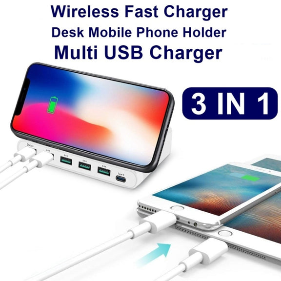 828W 7 in 1 60W QC 3.0 USB Interface + 4 USB Ports + USB-C / Type-C Interface + Wireless Charging Multi-function Charger with Mobile Phone Holder Function, US Plug(Black)