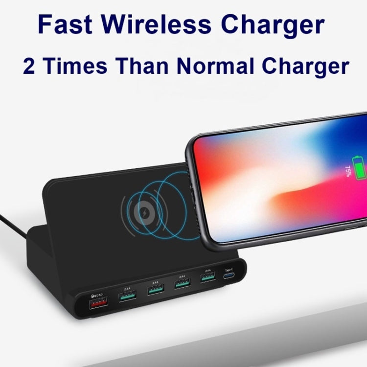 828W 7 in 1 60W QC 3.0 USB Interface + 4 USB Ports + USB-C / Type-C Interface + Wireless Charging Multi-function Charger with Mobile Phone Holder Function, US Plug(Black)