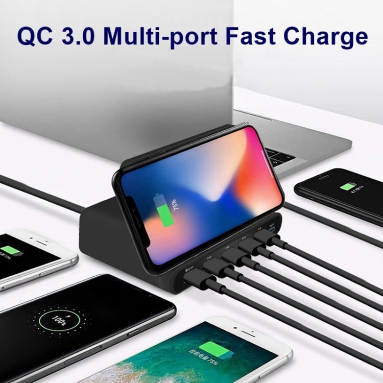 828W 7 in 1 60W QC 3.0 USB Interface + 4 USB Ports + USB-C / Type-C Interface + Wireless Charging Multi-function Charger with Mobile Phone Holder Function, US Plug(Black)
