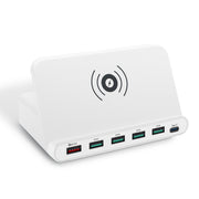828W 7 in 1 60W QC 3.0 USB Interface + 4 USB Ports + USB-C / Type-C Interface + Wireless Charging Multi-function Charger with Mobile Phone Holder Function, US Plug(White)