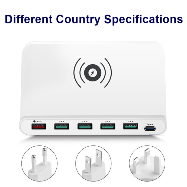 828W 7 in 1 60W QC 3.0 USB Interface + 4 USB Ports + USB-C / Type-C Interface + Wireless Charging Multi-function Charger with Mobile Phone Holder Function, US Plug(White)