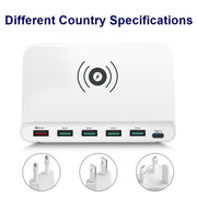 828W 7 in 1 60W QC 3.0 USB Interface + 4 USB Ports + USB-C / Type-C Interface + Wireless Charging Multi-function Charger with Mobile Phone Holder Function, US Plug(White)