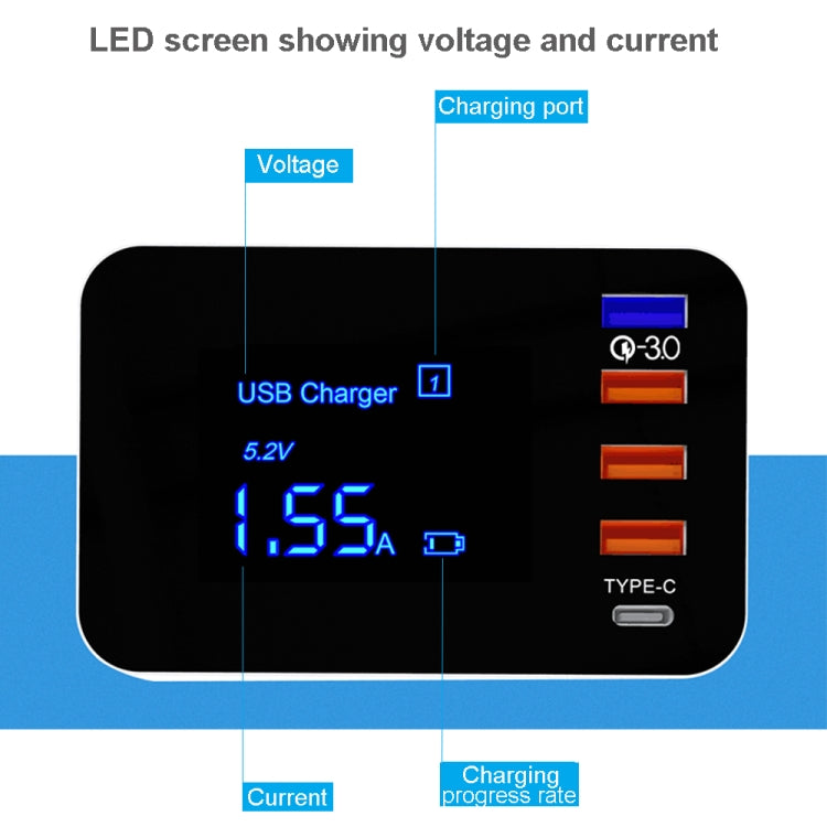 CDA33Q 40W QC 3.0 USB + 3 USB Ports + USB-C / Type-C Ports Multi-function Charger with LED Display, US Plug
