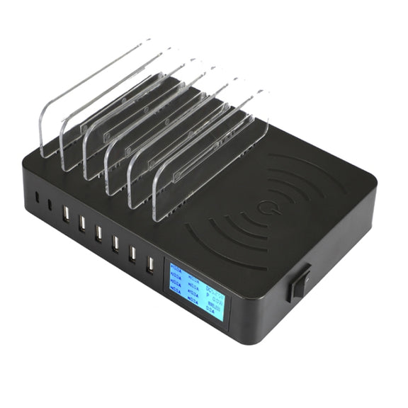 50W 6 USB Ports + 2 USB-C / Type-C Ports + Wireless Charging Multi-function Charger with LED Display & Detachable Bezel, EU Plug