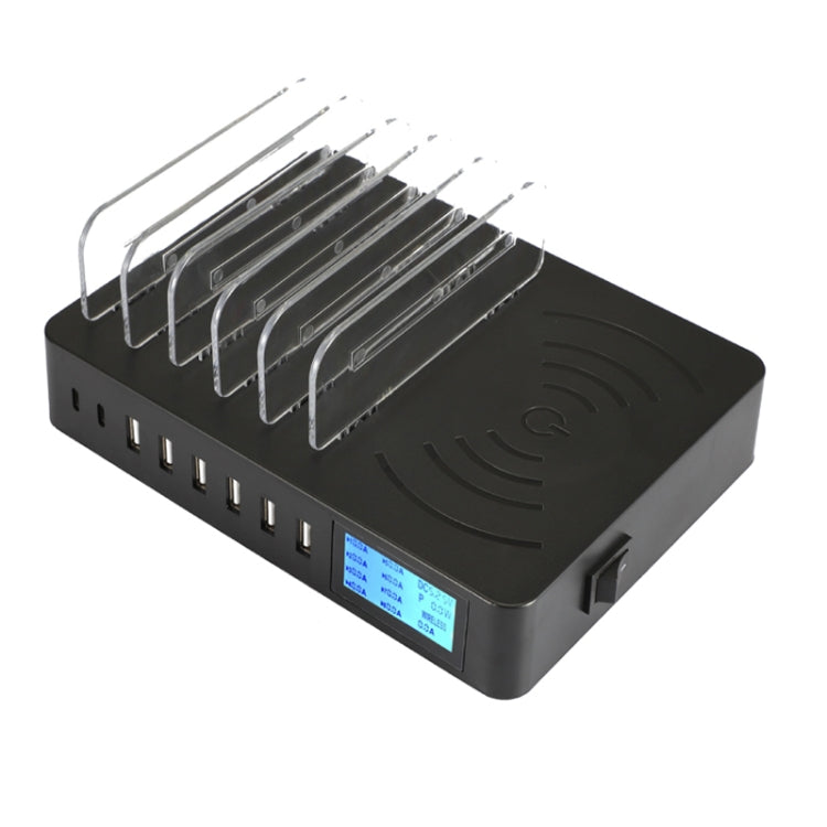 50W 6 USB Ports + 2 USB-C / Type-C Ports + Wireless Charging Multi-function Charger with LED Display & Detachable Bezel, EU Plug