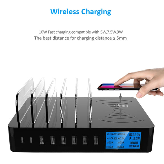 50W 6 USB Ports + 2 USB-C / Type-C Ports + Wireless Charging Multi-function Charger with LED Display & Detachable Bezel, EU Plug