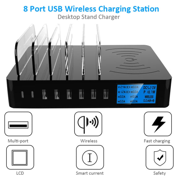 50W 6 USB Ports + 2 USB-C / Type-C Ports + Wireless Charging Multi-function Charger with LED Display & Detachable Bezel, EU Plug