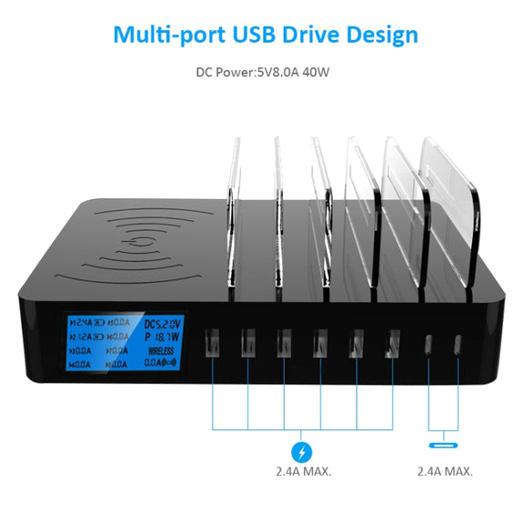 50W 6 USB Ports + 2 USB-C / Type-C Ports + Wireless Charging Multi-function Charger with LED Display & Detachable Bezel, EU Plug