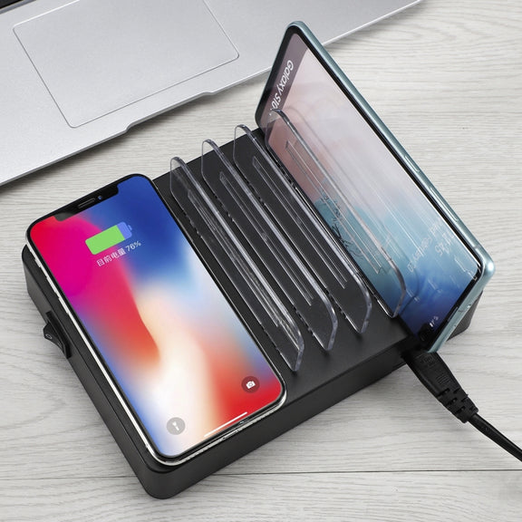 50W 6 USB Ports + 2 USB-C / Type-C Ports + Wireless Charging Multi-function Charger with LED Display & Detachable Bezel, US Plug