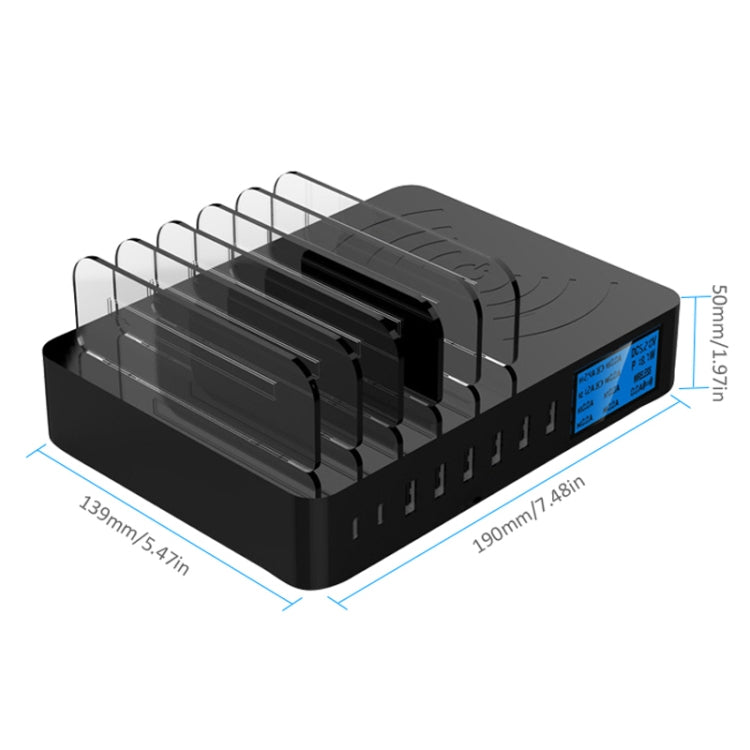 50W 6 USB Ports + 2 USB-C / Type-C Ports + Wireless Charging Multi-function Charger with LED Display & Detachable Bezel, US Plug