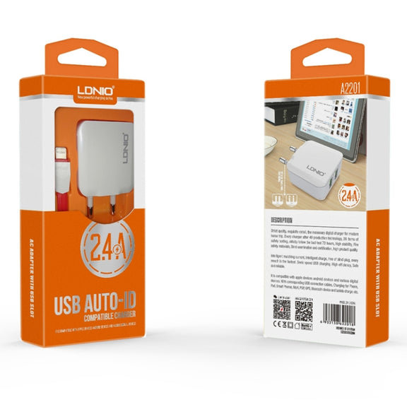 LDNIO A2201 2.4A Dual USB Charging Head Travel Direct Charge Mobile Phone Adapter Charger With Micro Data Cable(EU Plug)