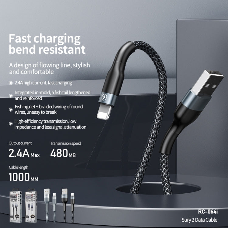 REMAX RC-064i Sury 2 Series 1m 2.4A USB to 8 Pin Data Cable for iPhone, iPad(Black)