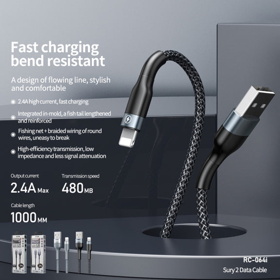 REMAX RC-064i Sury 2 Series 1m 2.4A USB to 8 Pin Data Cable for iPhone, iPad(Silver)