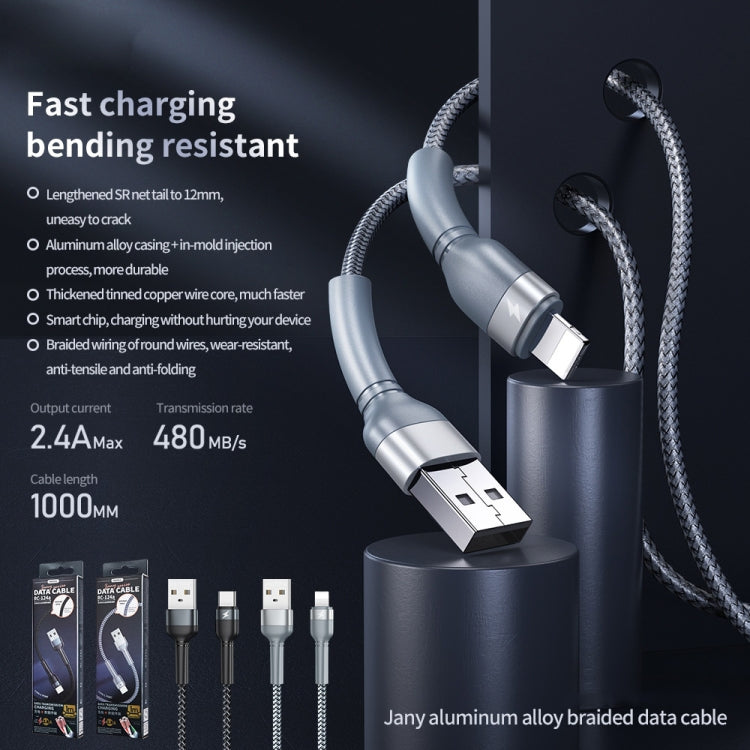 REMAX RC-124i 1m 2.4A USB to 8 Pin Aluminum Alloy Braid Fast Charging Data Cable for iPhone, iPad(Black)