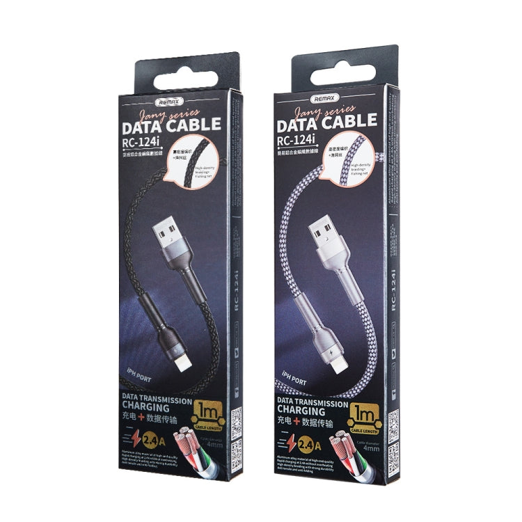 REMAX RC-124i 1m 2.4A USB to 8 Pin Aluminum Alloy Braid Fast Charging Data Cable for iPhone, iPad(Black)