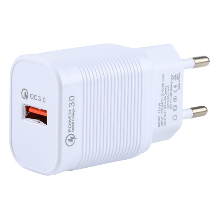 LZ-728 2 in 1 18W QC 3.0 USB Interface Travel Charger + USB to 8 Pin Data Cable Set, EU Plug, Cable Length: 1m(White)