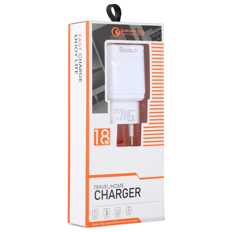 LZ-728 2 in 1 18W QC 3.0 USB Interface Travel Charger + USB to 8 Pin Data Cable Set, EU Plug, Cable Length: 1m(White)