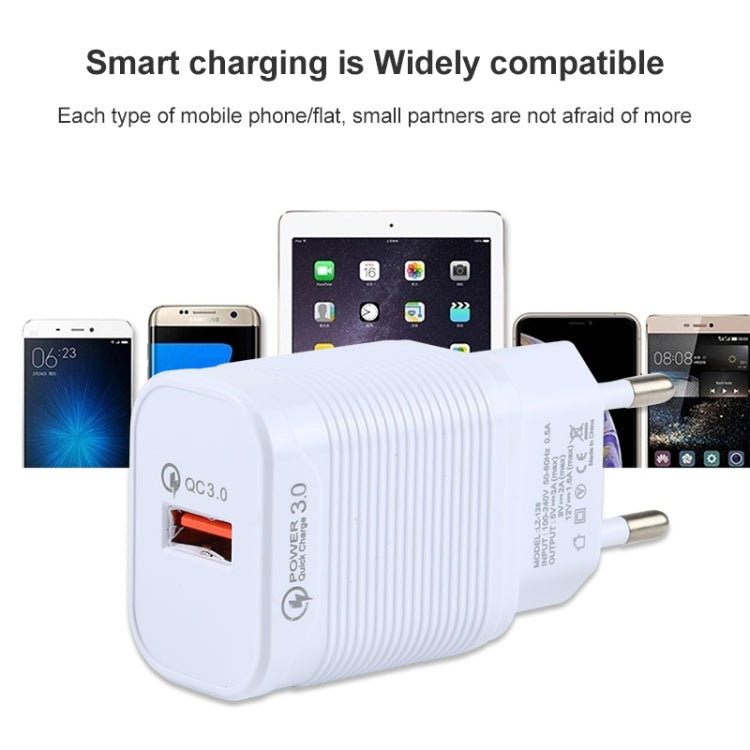 LZ-728 2 in 1 18W QC 3.0 USB Interface Travel Charger + USB to 8 Pin Data Cable Set, EU Plug, Cable Length: 1m(White)