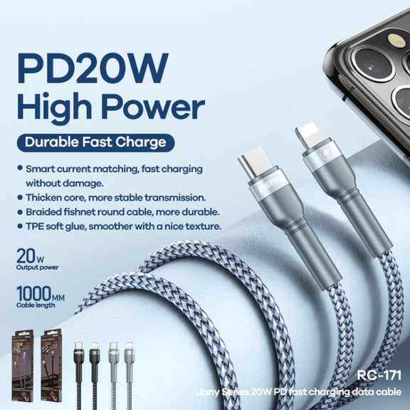 REMAX RC-171 Jany Series 1m PD20W USB to 8 Pin Aluminum Alloy Braid Fast Charging Data Cable (Silver)