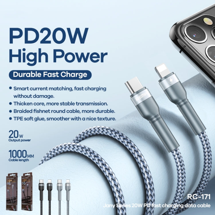 REMAX RC-171 Jany Series 1m PD20W USB to 8 Pin Aluminum Alloy Braid Fast Charging Data Cable (Silver)