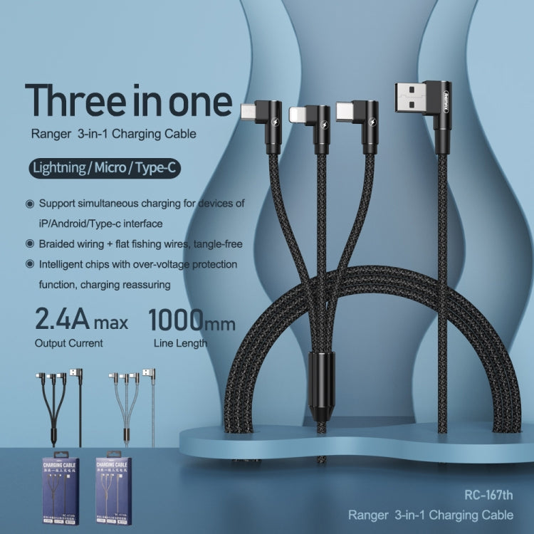 REMAX RC-167th 3 in 1 2.1A USB to 8 Pin + USB-C / Type-C + Micro USB Range Series Elbow Charging Cable, Cable Length: 1m (Black)
